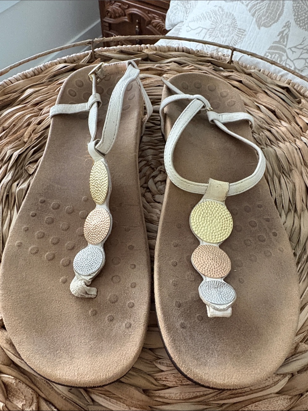 Vionic Beige T-Strap Sandals with Gold, Peach & Silver Accents